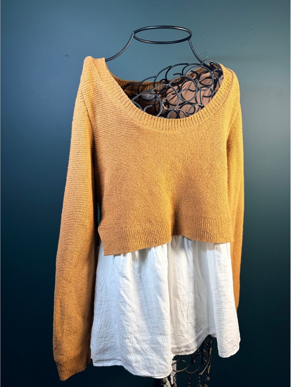 Anthropologie Tan Cropped Sweater White Shirt Layered Twofer Top Medium